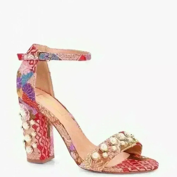 Women's Boohoo Ida Oriental Print Embellished Block Heels Sz 5 US, Sz 3 UK $51 - Picture 1 of 5